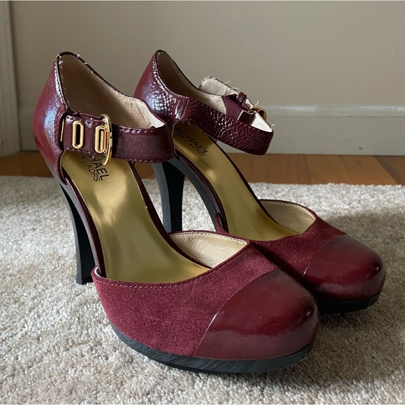 Michael Kors Burgundy Deep Red Patent Leather & Suede Maryjane Heels - Picture 3 of 9
